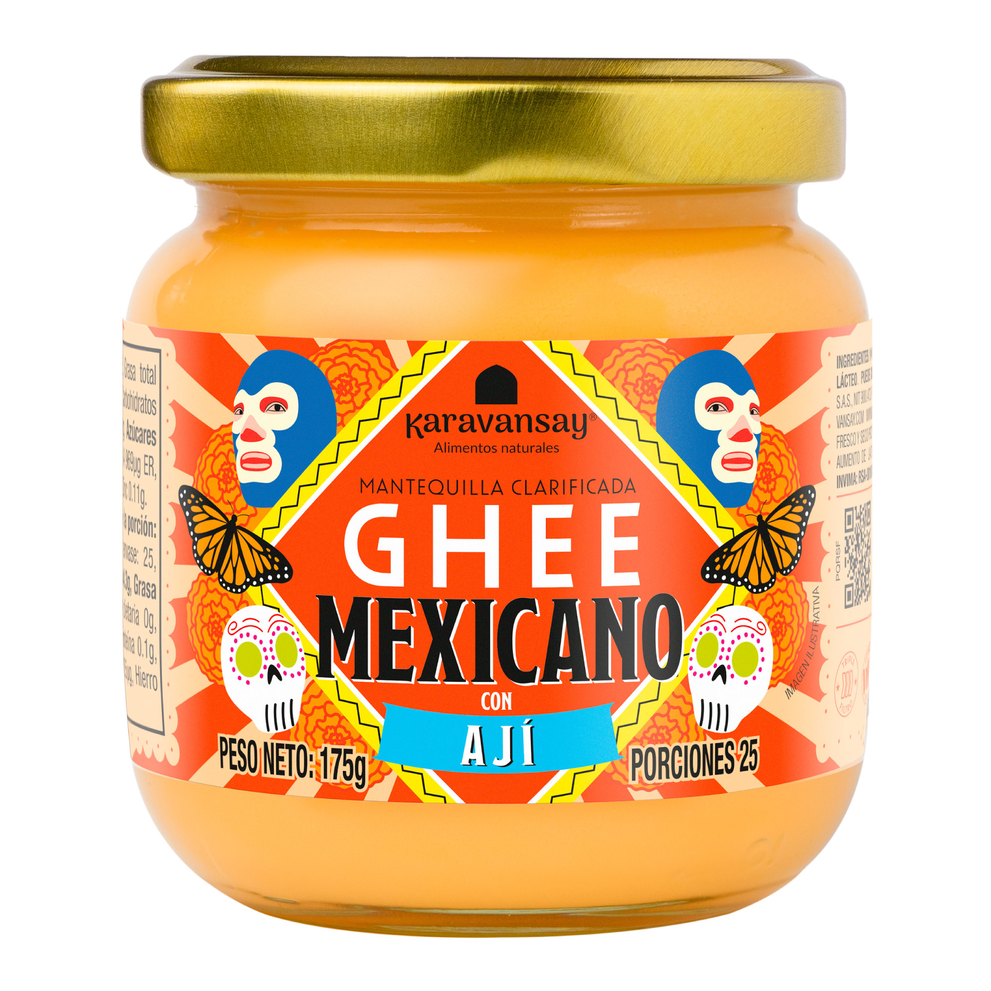 Ghee mexicano con ají Karavansay en frasco de vidrio, mantequilla clarificada con sabor picante