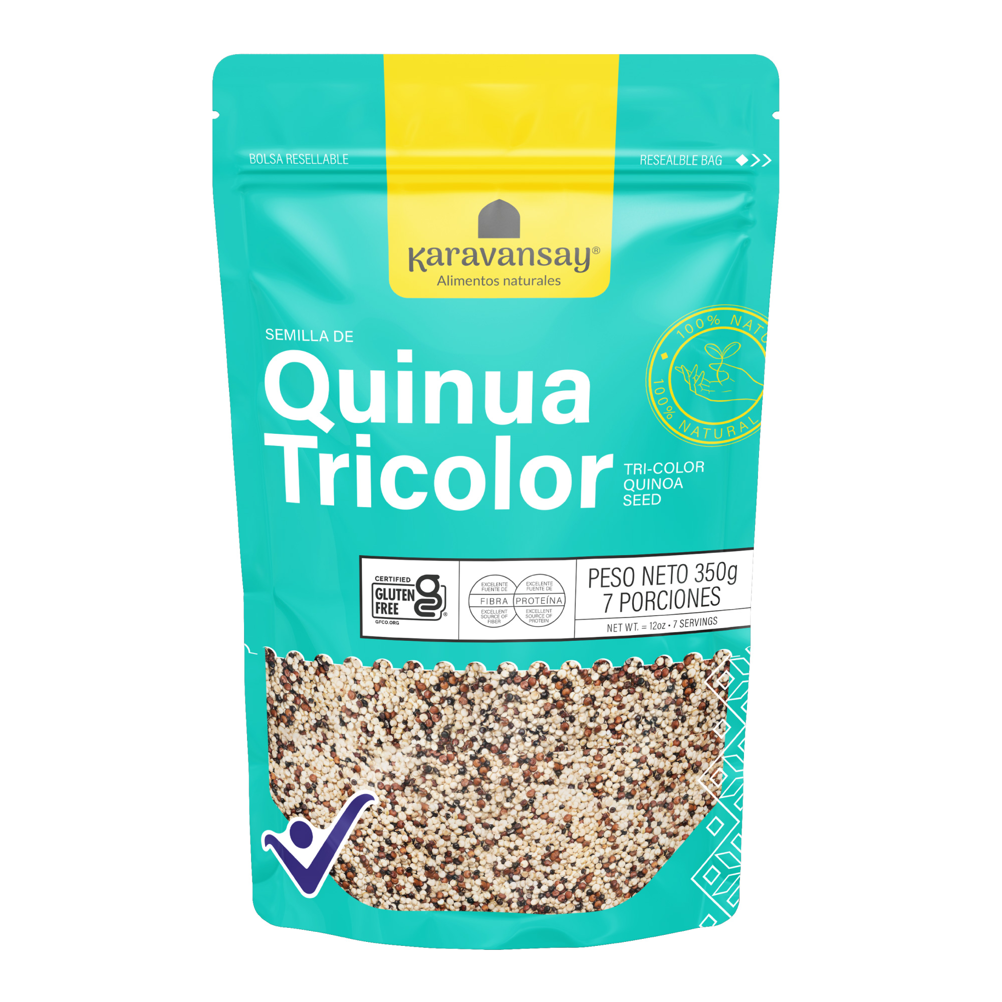 Quinua tricolor Karavansay en bolsa resellable, mezcla de granos naturales