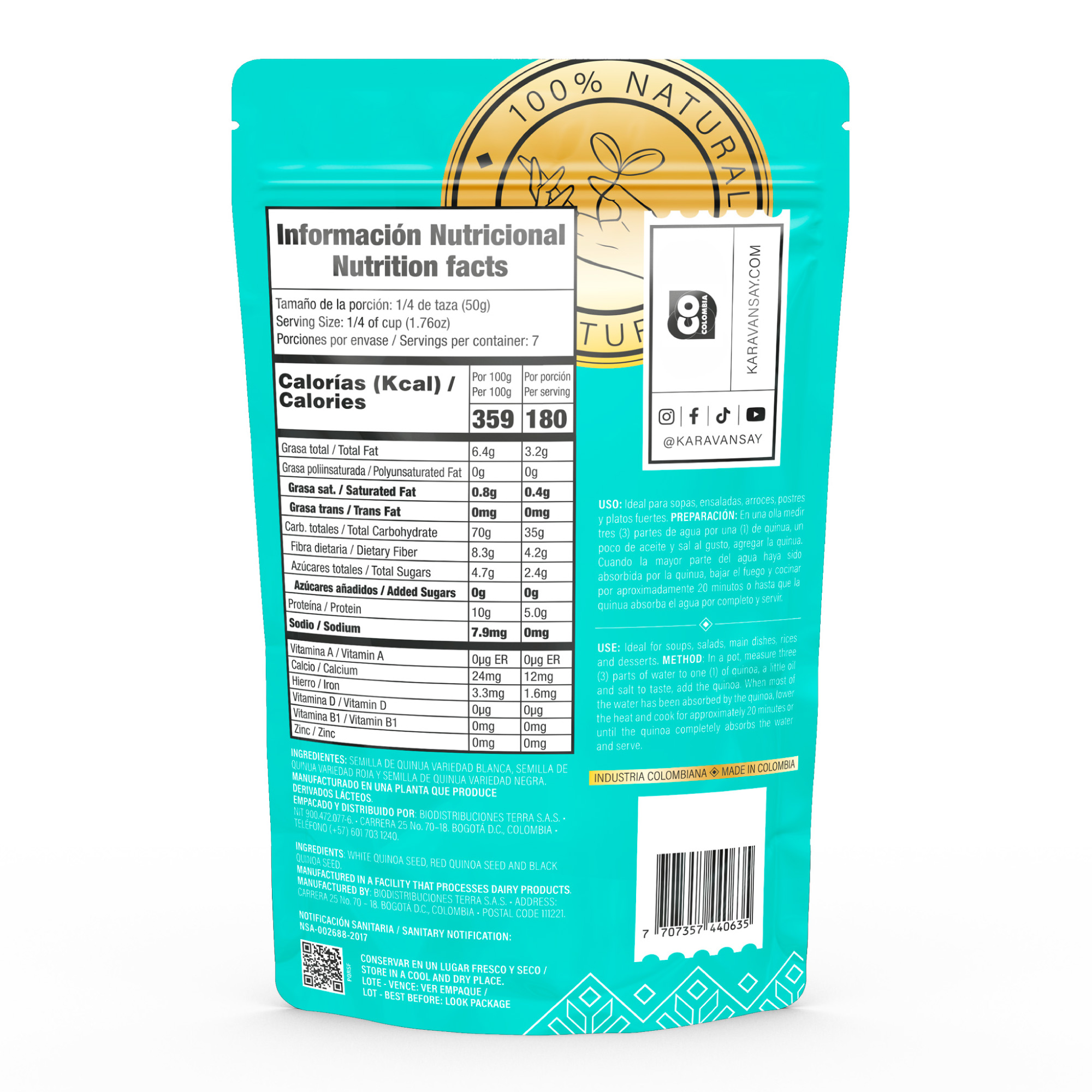 Reverso de la quinua tricolor Karavansay con información nutricional