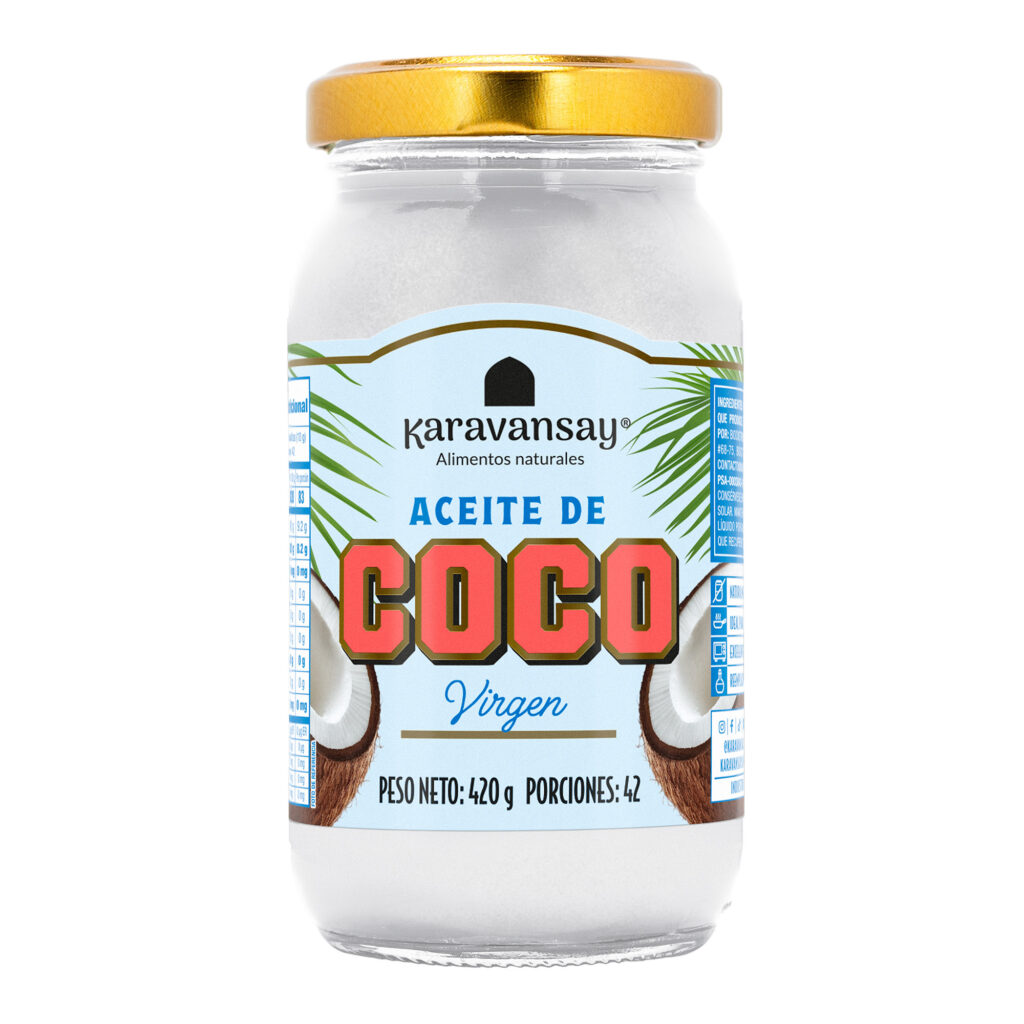 Aceite de coco virgen Karavansay en frasco de vidrio, producto natural sin refinar