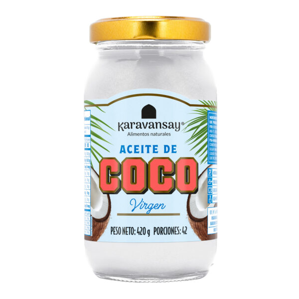 Aceite de coco virgen Karavansay en frasco de vidrio, producto natural sin refinar