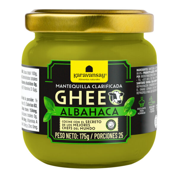 Ghee con albahaca Karavansay en frasco de vidrio, mantequilla clarificada natural