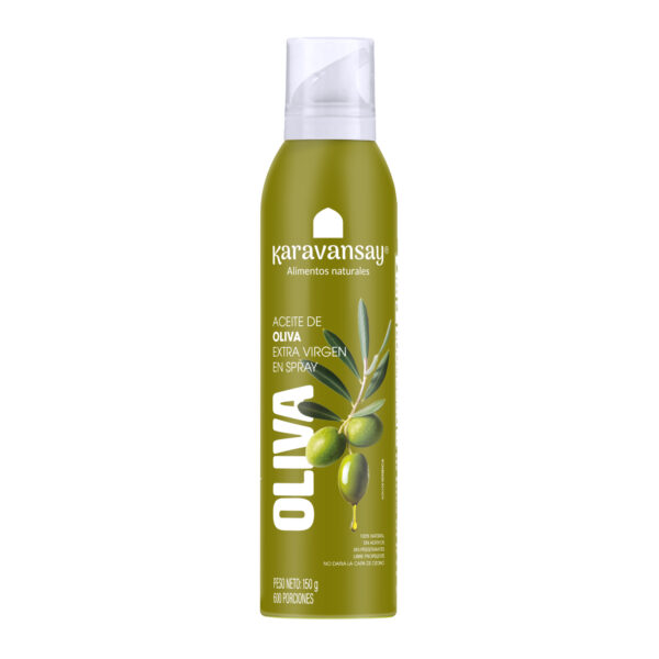 Aceite de oliva en spray Karavansay en envase aerosol verde, aceite natural para cocinar