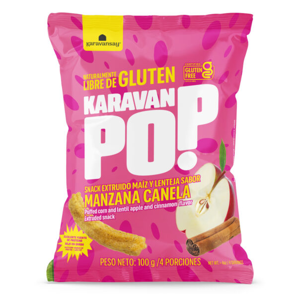 Karavan Pop manzana canela Karavansay en bolsa rosada, snack crocante de maíz y lenteja