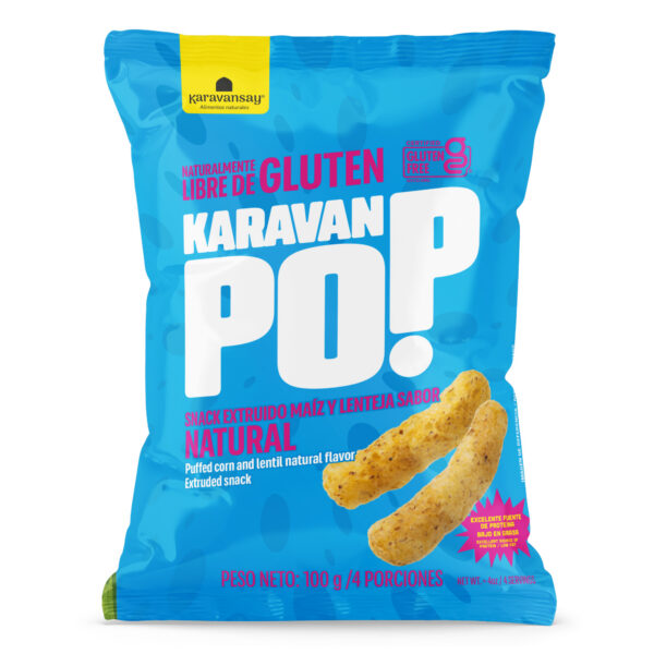 karavan pop natural Karavansay en bolsa azul, snack crocante de maíz y lenteja