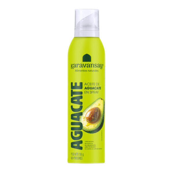 Aceite de aguacate en spray Karavansay en envase aerosol verde, aceite vegetal natural para cocinar