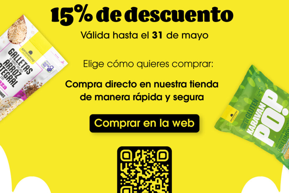 Promoción Karavansay 15% de descuento en productos seleccionados válida hasta el 31 de mayo con compra directa en la web y código QR términos y condiciones