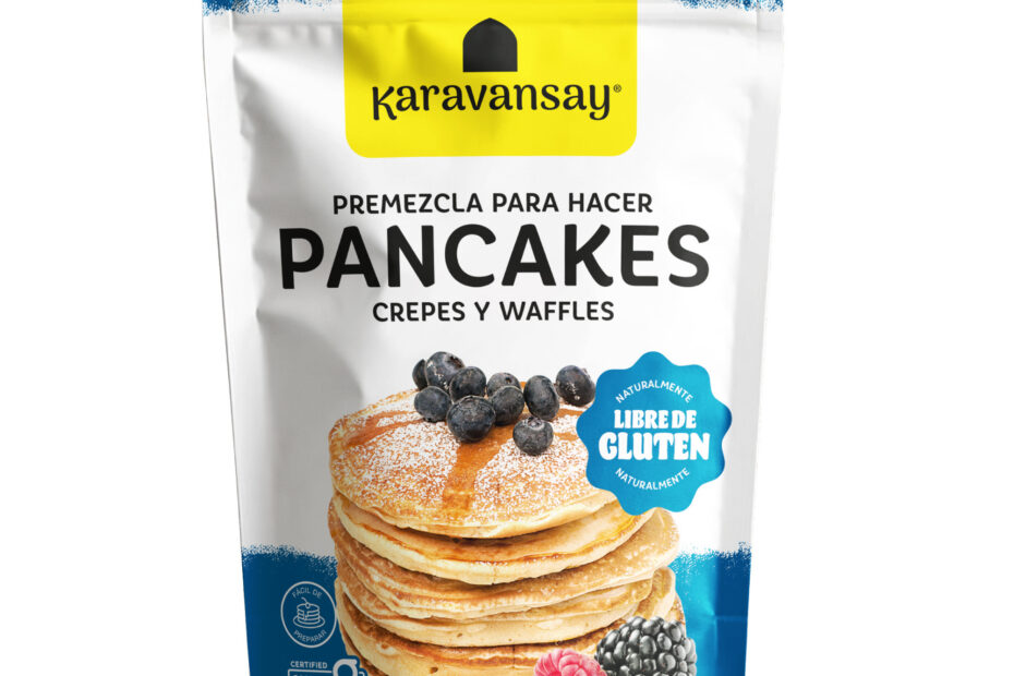 premezcla para pancakes Karavansay en bolsa azul, mezcla sin gluten para desayunos
