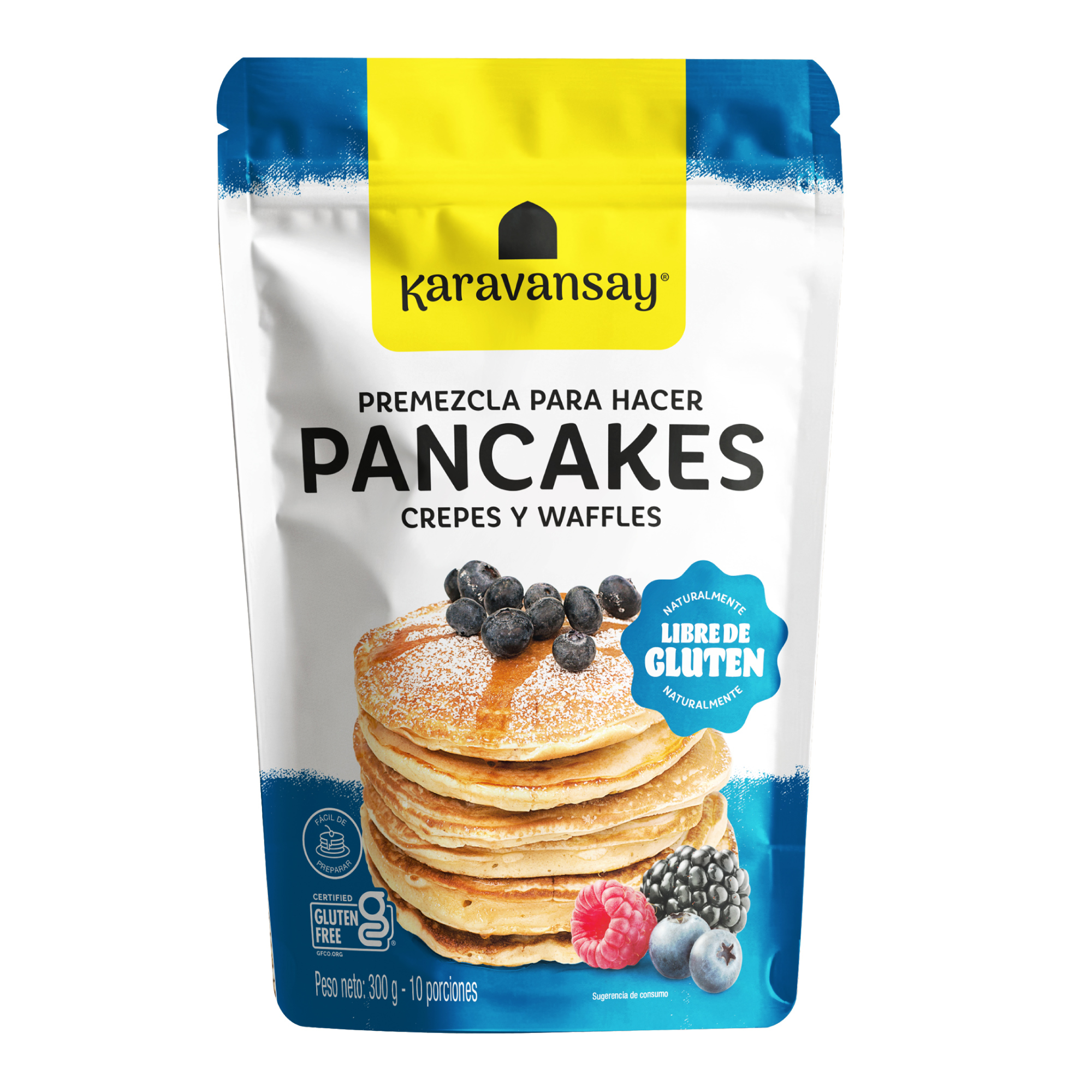 premezcla para pancakes Karavansay en bolsa azul, mezcla sin gluten para desayunos