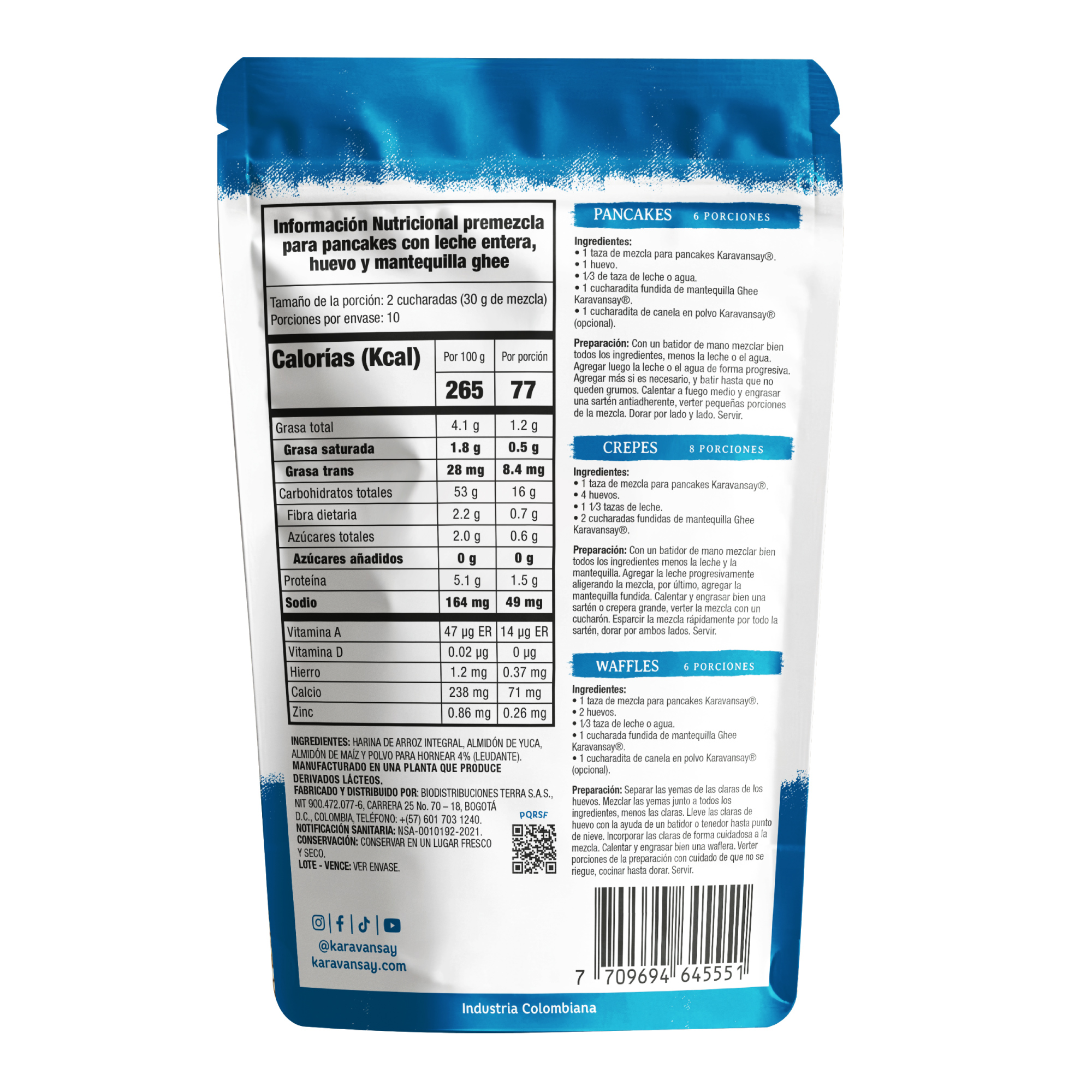 reverso de la premezcla para pancakes Karavansay con tabla nutricional