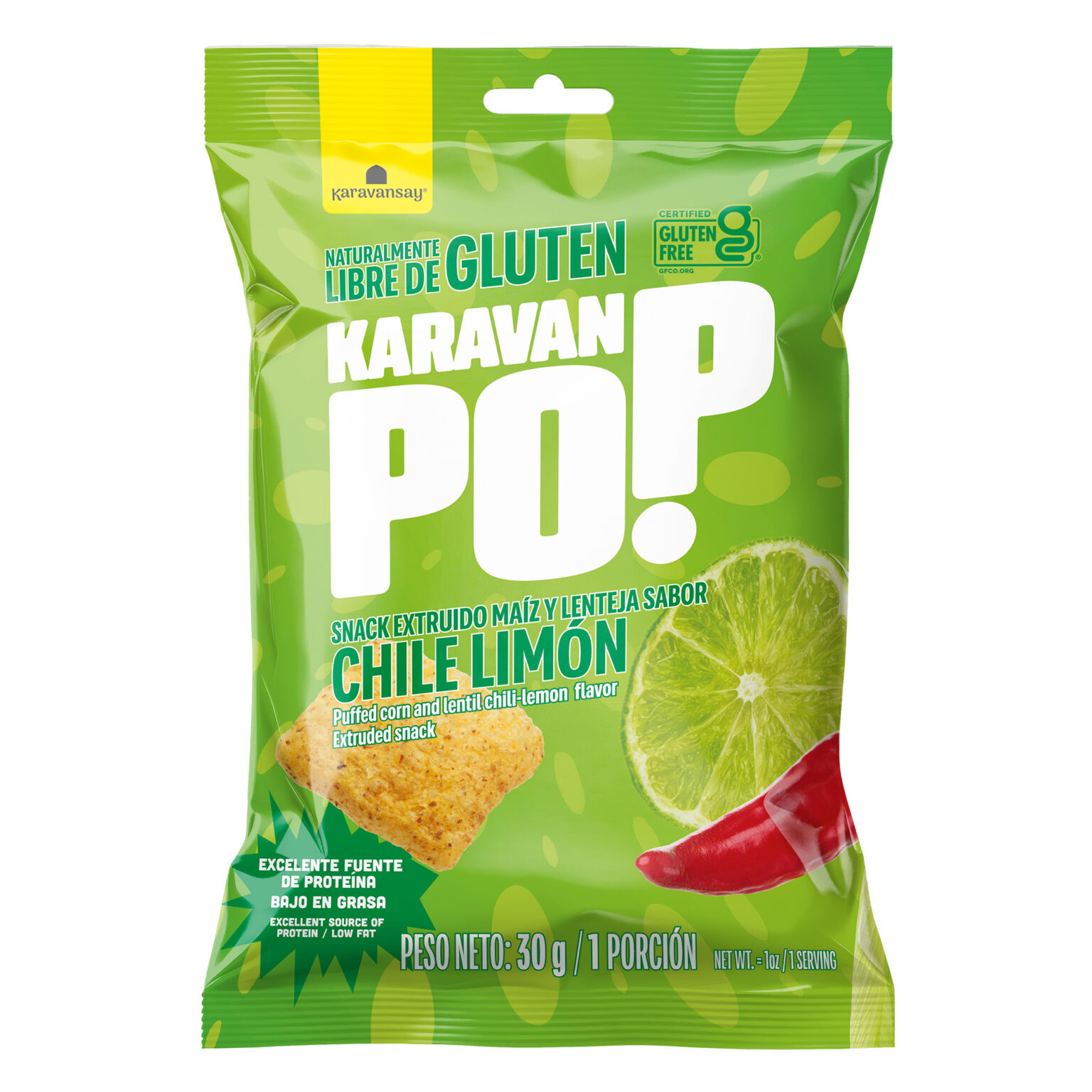 Bolsa de snacks Karavan Pop sabor chile limón de 30 g, empaque verde frontal