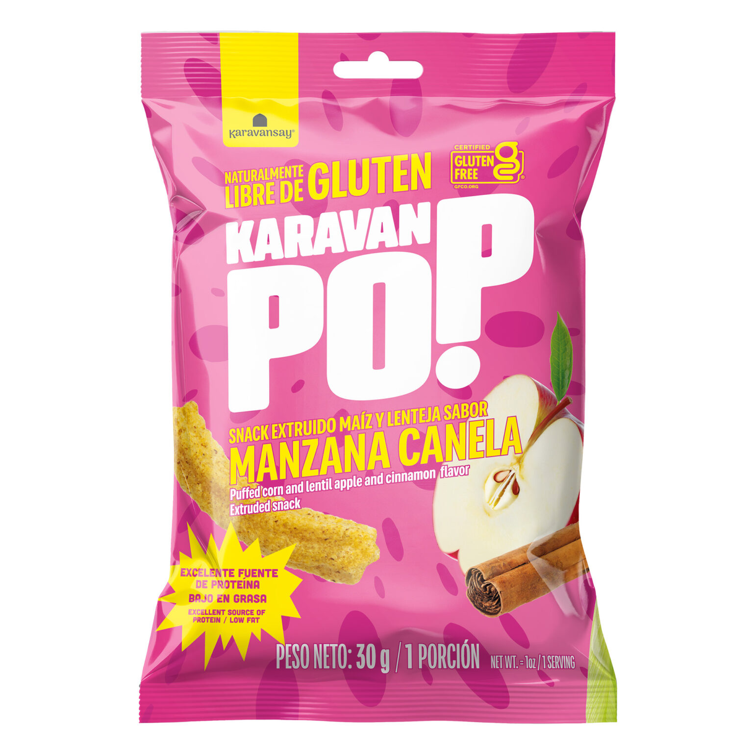 Bolsa de snacks Karavan Pop sabor manzana canela de 30 g, empaque rosado