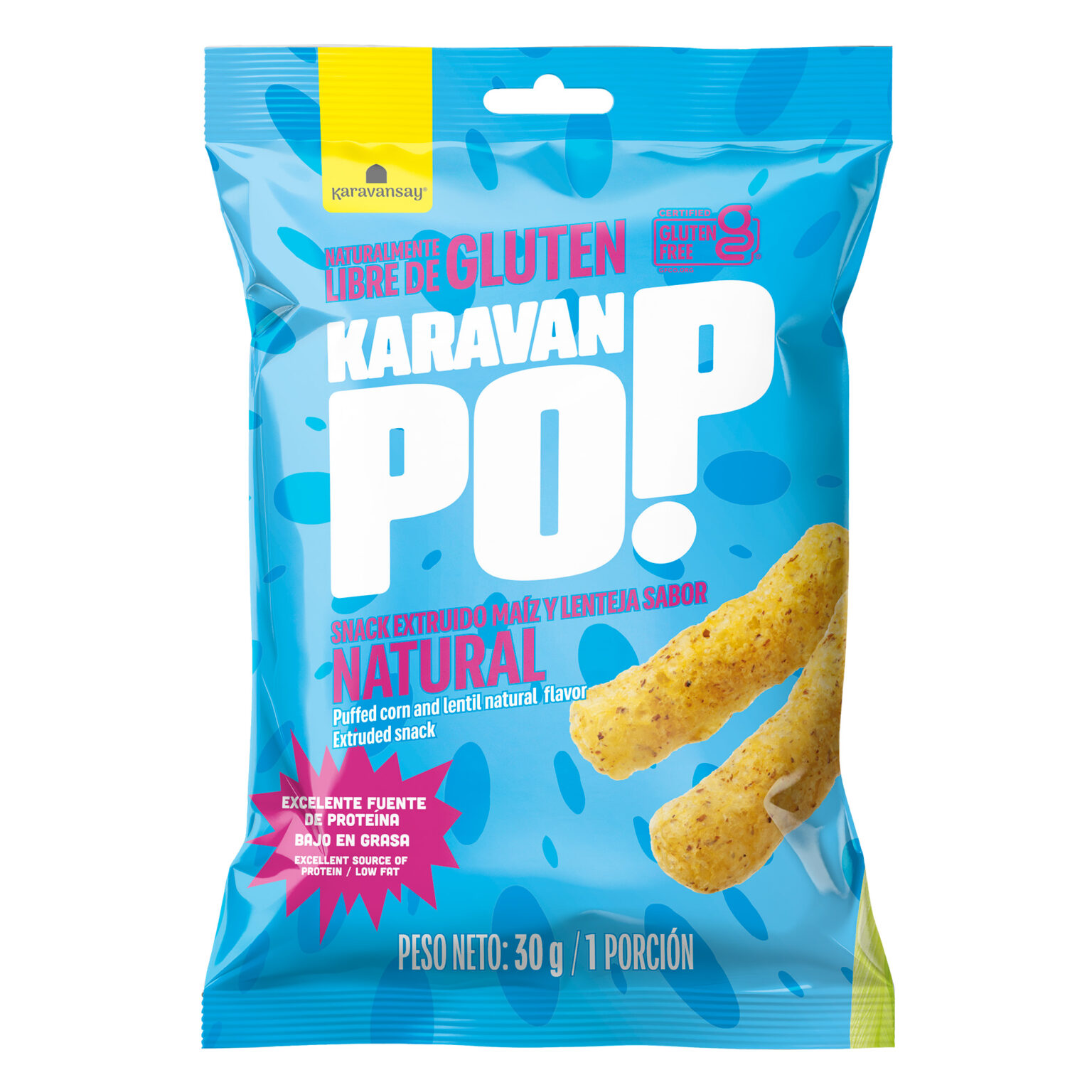 Bolsa de snacks Karavan Pop sabor natural de 30 g, empaque azul frontal
