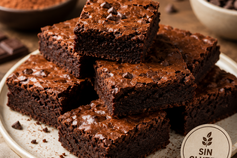 Brownies caseros sin gluten, de textura densa y húmeda, con superficie ligeramente crujiente y trozos de chocolate derretido visibles; servidos en cuadrados sobre una bandeja.