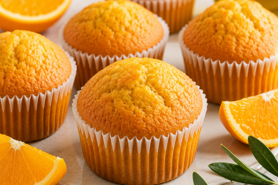 Muffins de naranja esponjosos y dorados, con aroma cítrico, servidos en moldes individuales y con textura suave y húmeda en el interior.