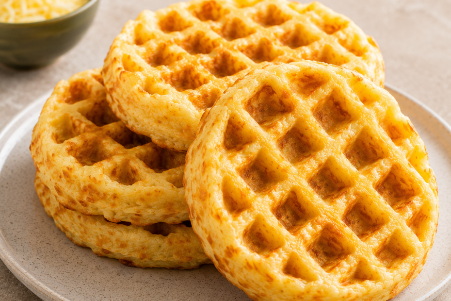 Waffles de yuca dorados y crujientes por fuera, suaves por dentro, servidos en un plato con textura artesanal, acompañados de miel o frutas frescas